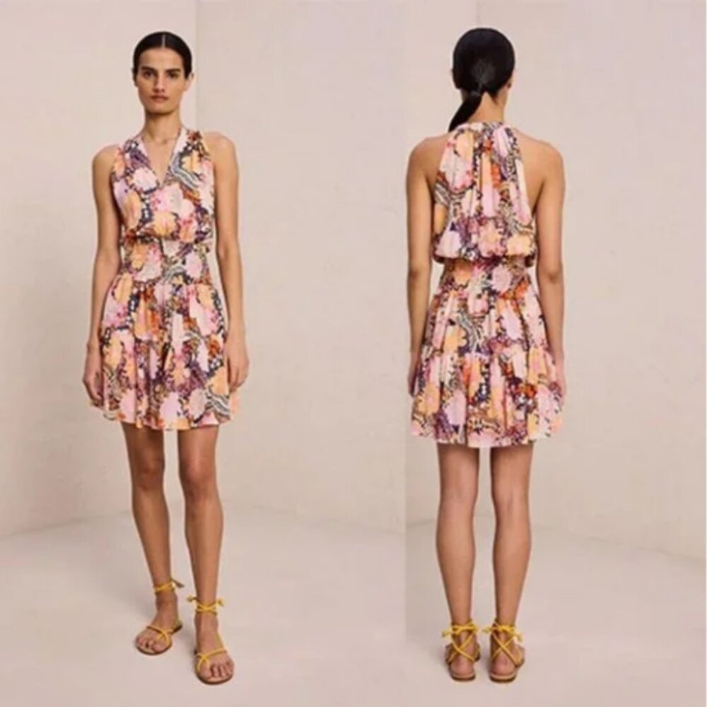 A.L.C Courtney 100% Silk Sleeveless Smocked in Midnight Rose Mini Dress Size 6